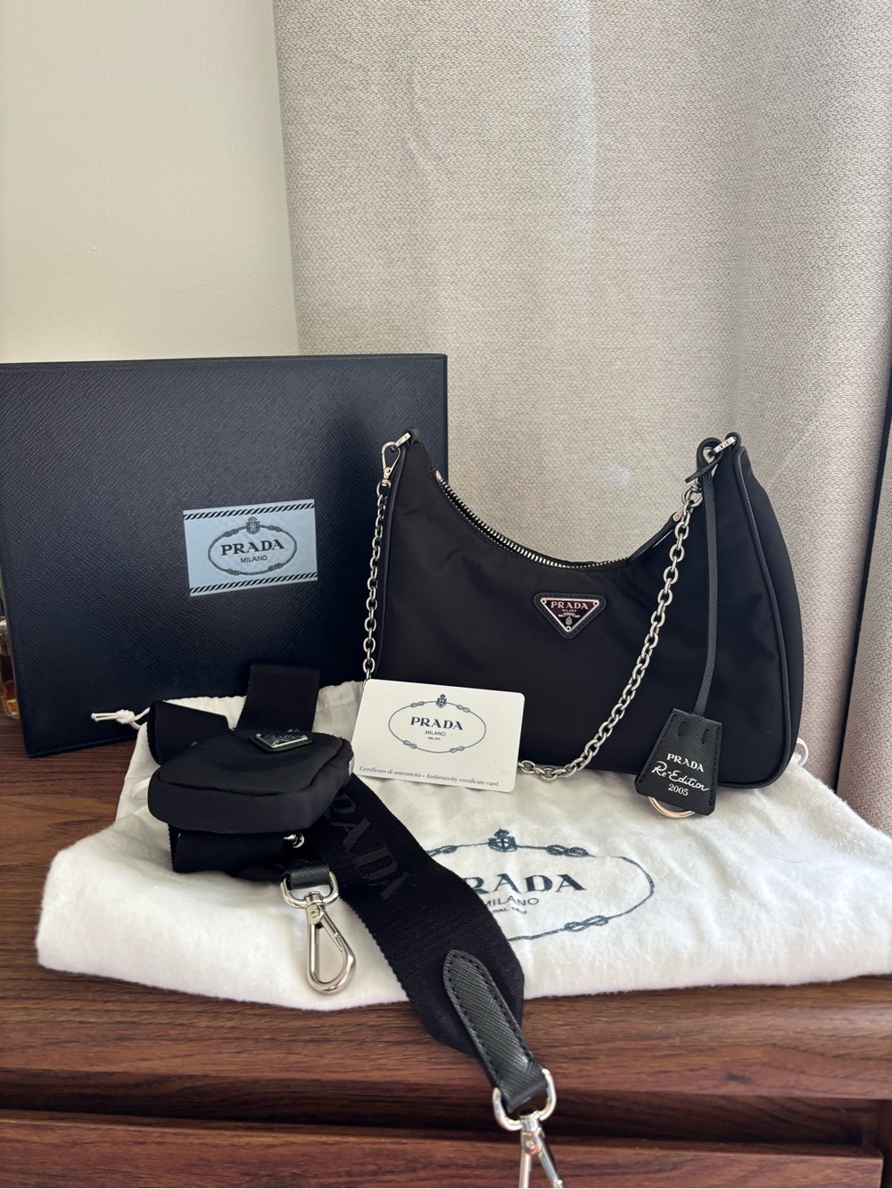Prada 2005 Re-Edition Black Nylon Shoulder Bag with Chain Strap